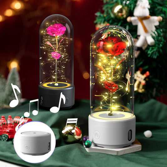 Creative 2 In 1 Rose Flowers LED Light and Bluetooth-compatible Speaker Valentine's Day Gift Rose Luminous Night Light Ornament in Glass Cover