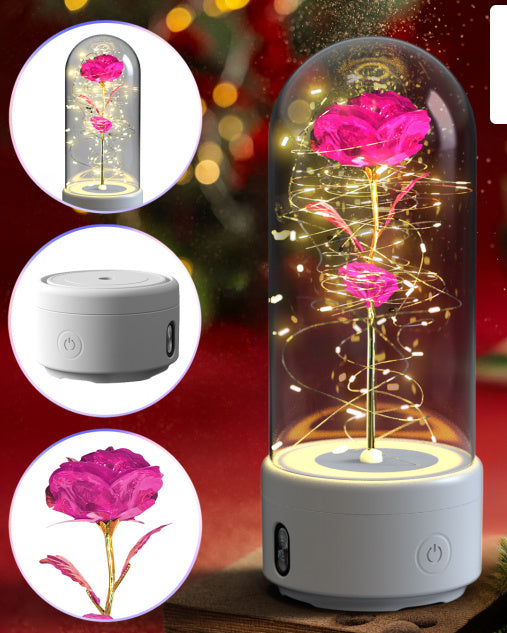 Creative 2 In 1 Rose Flowers LED Light and Bluetooth-compatible Speaker Valentine's Day Gift Rose Luminous Night Light Ornament in Glass Cover