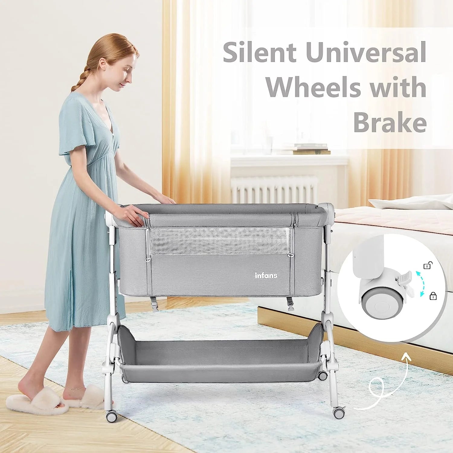 3 in 1 Baby Bassinet, Folding Bedside Sleeper Crib with Mattress Pad, Height Angle Adjustable, Portable Rocking Cradle with Wheels Storage Basket Travel Bag for Infant Newborn (Gray)