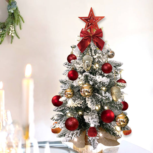 2ft Mini Christmas Tree with Light Artificial Small Tabletop Christmas Decoration with Flocked Snow, Exquisite Decor & Xmas Ornaments for Tabletop for Home & Office