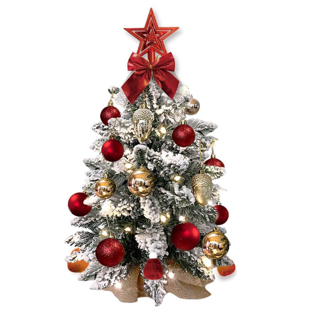 2ft Mini Christmas Tree with Light Artificial Small Tabletop Christmas Decoration with Flocked Snow, Exquisite Decor & Xmas Ornaments for Tabletop for Home & Office