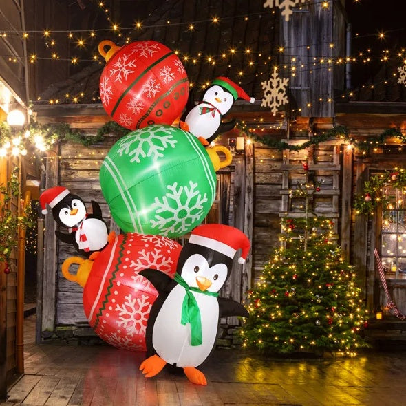 8.9 FT Lighted Christmas Inflatable Decoration, Inflatable Christmas Balls And Penguins, Funny Blow Up Yard Decorations With Built-in LED Lights For Holiday Party Front Yard Lawn Garden Decor