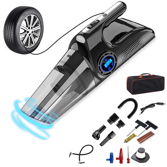 USB Charging Portable Car Vacuum Cleaner Tire Inflator and LED Light, HEPA Filter, Tire Repair Tool