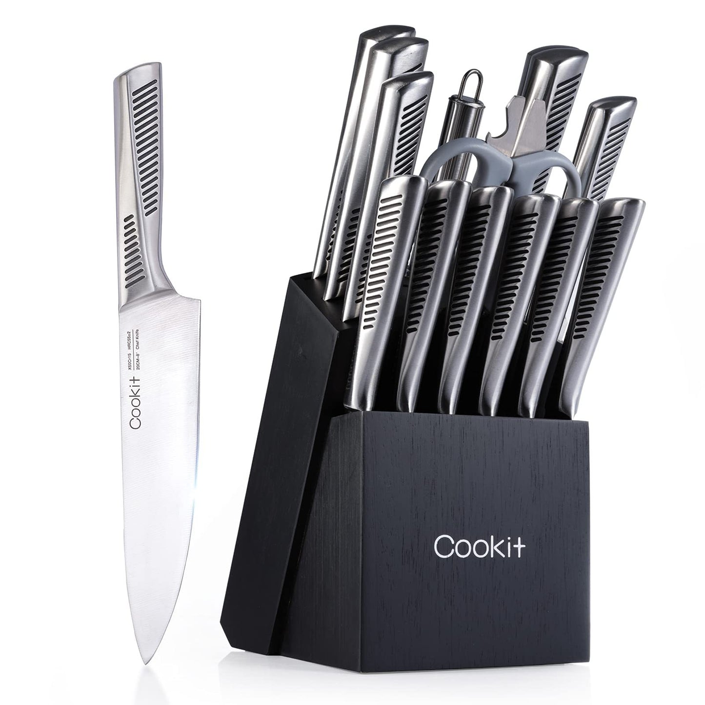 Kitchen Knife Set, 15 Piece Knife Sets with Block, Chef Knives with Non-Slip German Stainless Steel Hollow Handle Cutlery Set with Multifunctional Scissors Knife Sharpener