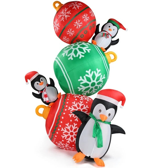 8.9 FT Lighted Christmas Inflatable Decoration, Inflatable Christmas Balls And Penguins, Funny Blow Up Yard Decorations With Built-in LED Lights For Holiday Party Front Yard Lawn Garden Decor