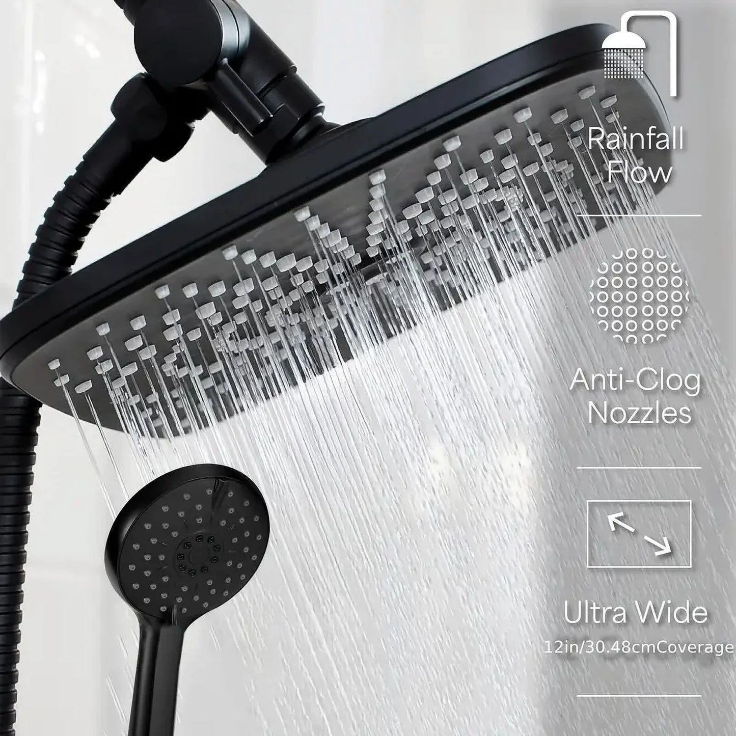 5-Setting High Pressure Shower Head 12 Inch Rain Shower Head with Handheld and Hose Silver