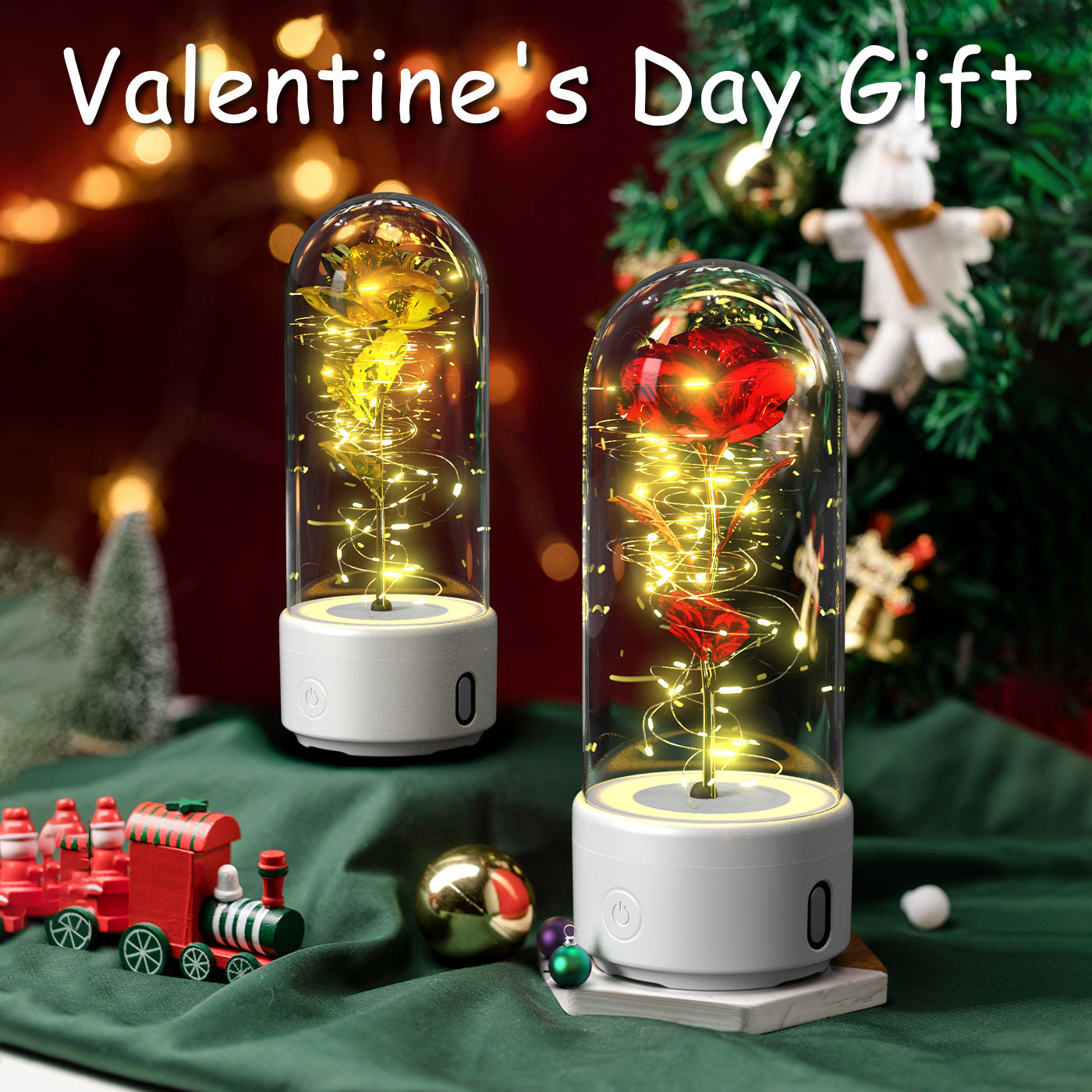 Creative 2 In 1 Rose Flowers LED Light and Bluetooth-compatible Speaker Valentine's Day Gift Rose Luminous Night Light Ornament in Glass Cover