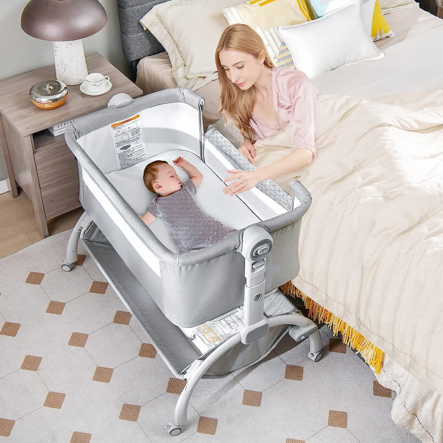 3 in 1 Baby Bassinet, Folding Bedside Sleeper Crib with Mattress Pad, Height Angle Adjustable, Portable Rocking Cradle with Wheels Storage Basket Travel Bag for Infant Newborn (Gray)