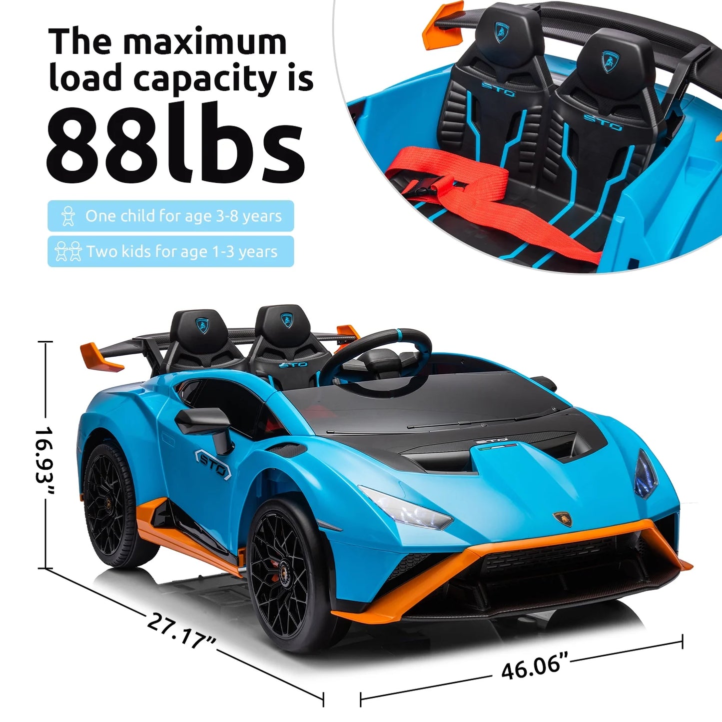 24V Kids Ride on Car, Licensed Lamborghini STO Electric Car for Boys Girls, 2-Seater Ride on Drift Car with Remote Control, Music, 360° Spin, Max Speed 6Mph, Blue