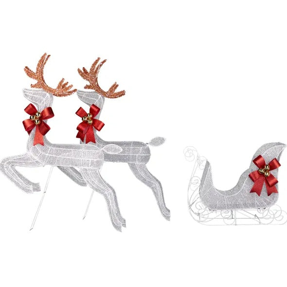 3-Piece Lighted Set Of 2 Reindeer & Sleigh, Weatherproof Christmas Outdoor Decorations with Pre-lit 270 LED White Lights and Stakes for Xmas Outdoor Holiday Indoor Decor Lighted Holiday Displays, Whi