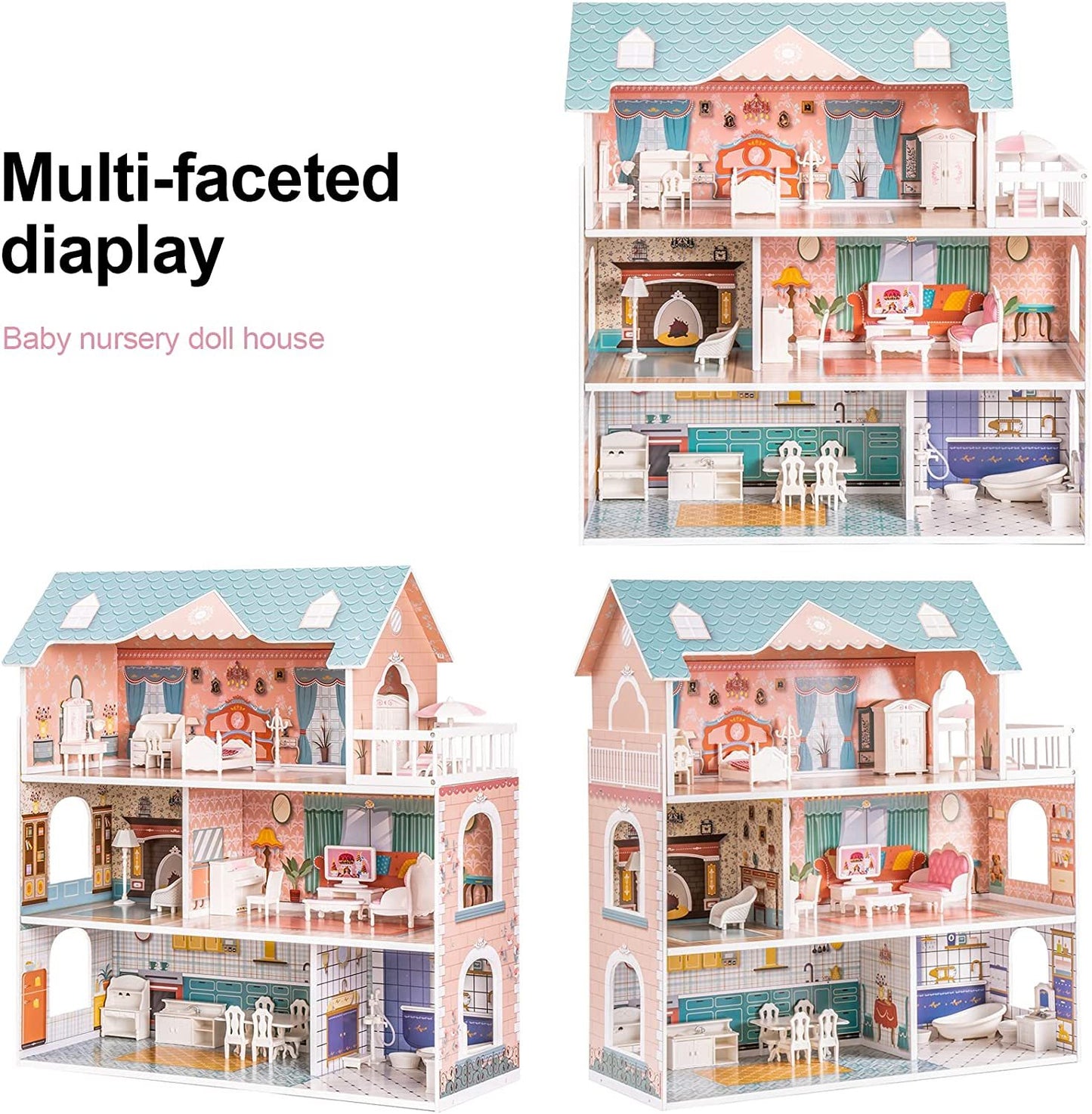 Robud Wooden Dollhouse for Kids: A Perfect Girls' Toy Gift for 3-Year-Olds with 28 Pieces of Furniture