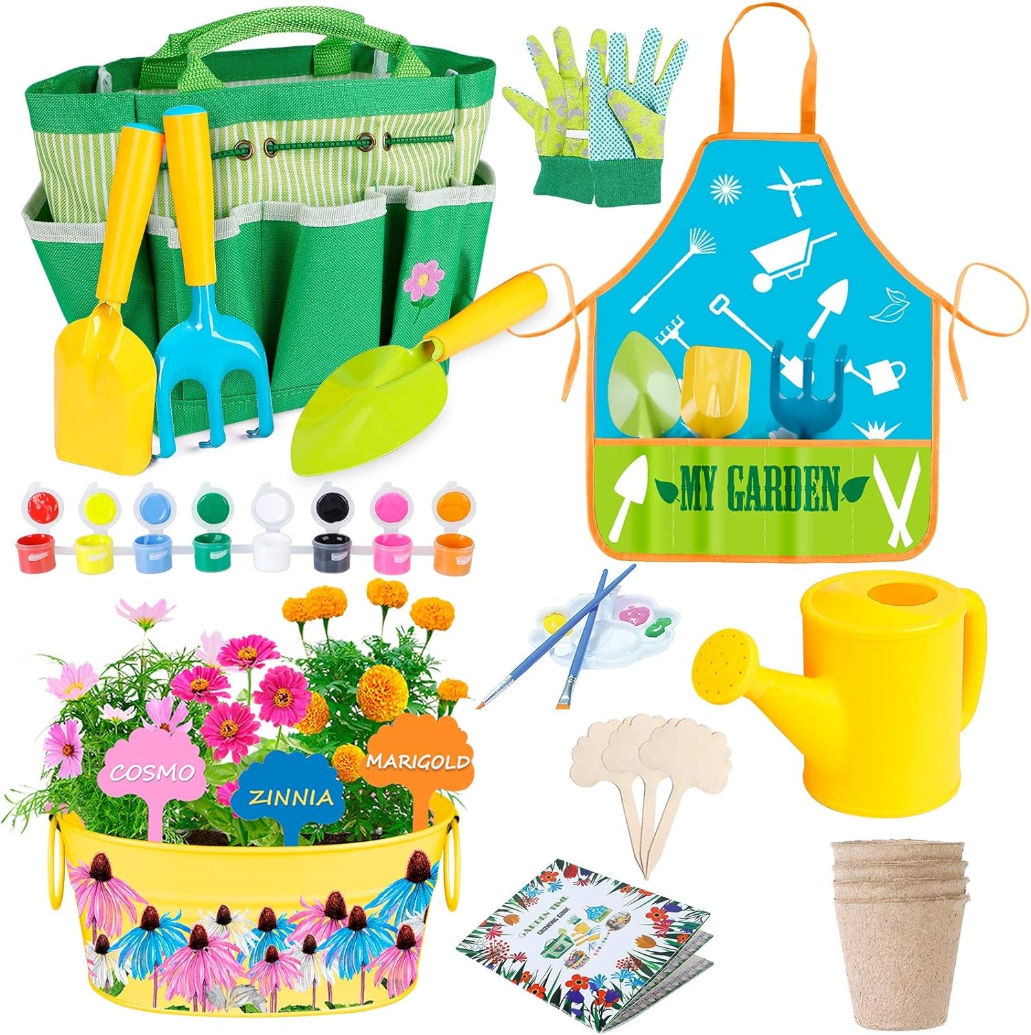 Kids Gardening Tools, Garden Tool Set for Kids with Gardening Guide Book, Watering Can Gloves Shovel Rake Trowel Kids Smock and Hat, All in One Gardening Tote (Multicolored)