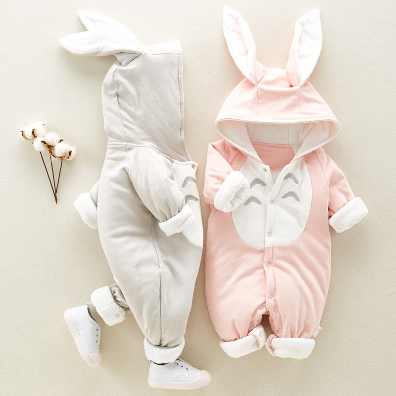 Discover The New Thickened Chinchilla Hooded Cotton Baby Romper, A Cozy Padded Onesie Perfect for Newborns to Wear While Climbing and Exploring.