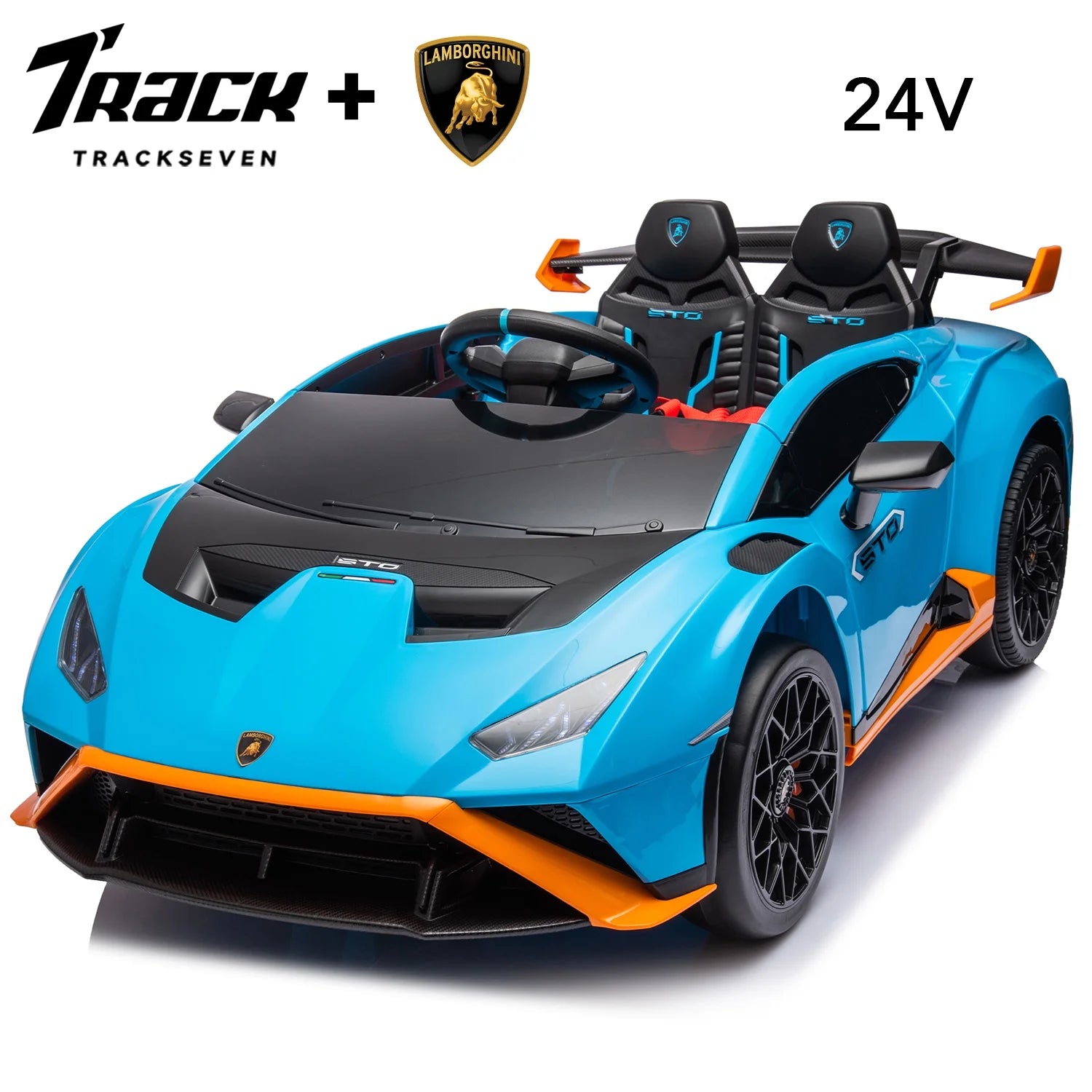 Car Licensed Lamborghini STO Electric Car for Boys Girls, 2-Seater Ride on Drift Car with Remote Control, Music, 360° Spin, Max Speed 6Mph, Blue