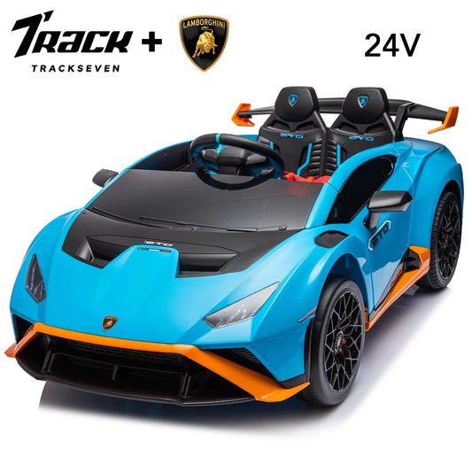 Car Licensed Lamborghini STO Electric Car for Boys Girls, 2-Seater Ride on Drift Car with Remote Control, Music, 360° Spin, Max Speed 6Mph, Blue