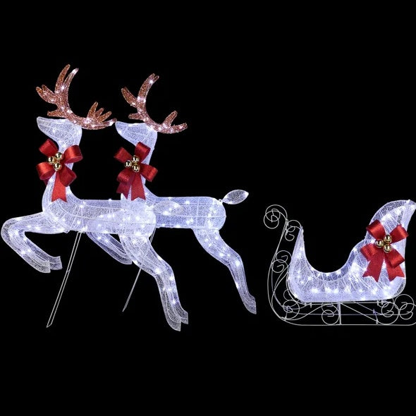 3-Piece Lighted Set Of 2 Reindeer & Sleigh, Weatherproof Christmas Outdoor Decorations with Pre-lit 270 LED White Lights and Stakes for Xmas Outdoor Holiday Indoor Decor Lighted Holiday Displays, Whi