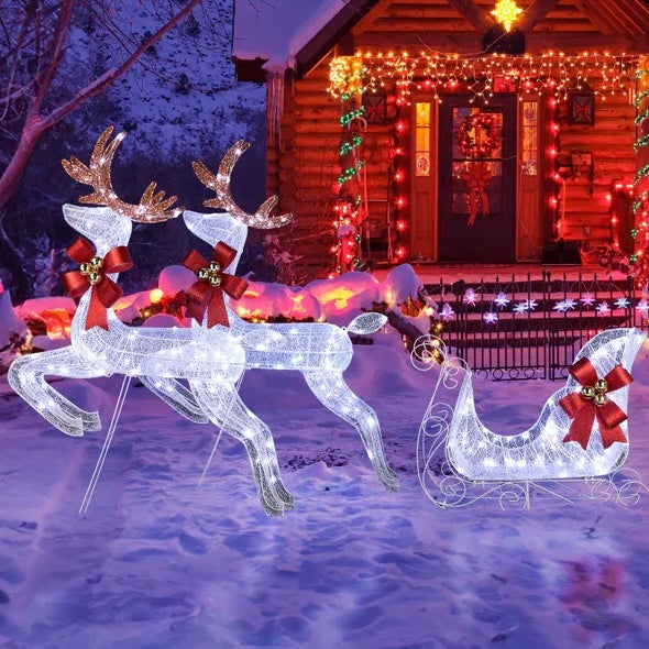 3-Piece Lighted Set Of 2 Reindeer & Sleigh, Weatherproof Christmas Outdoor Decorations with Pre-lit 270 LED White Lights and Stakes for Xmas Outdoor Holiday Indoor Decor Lighted Holiday Displays, Whi