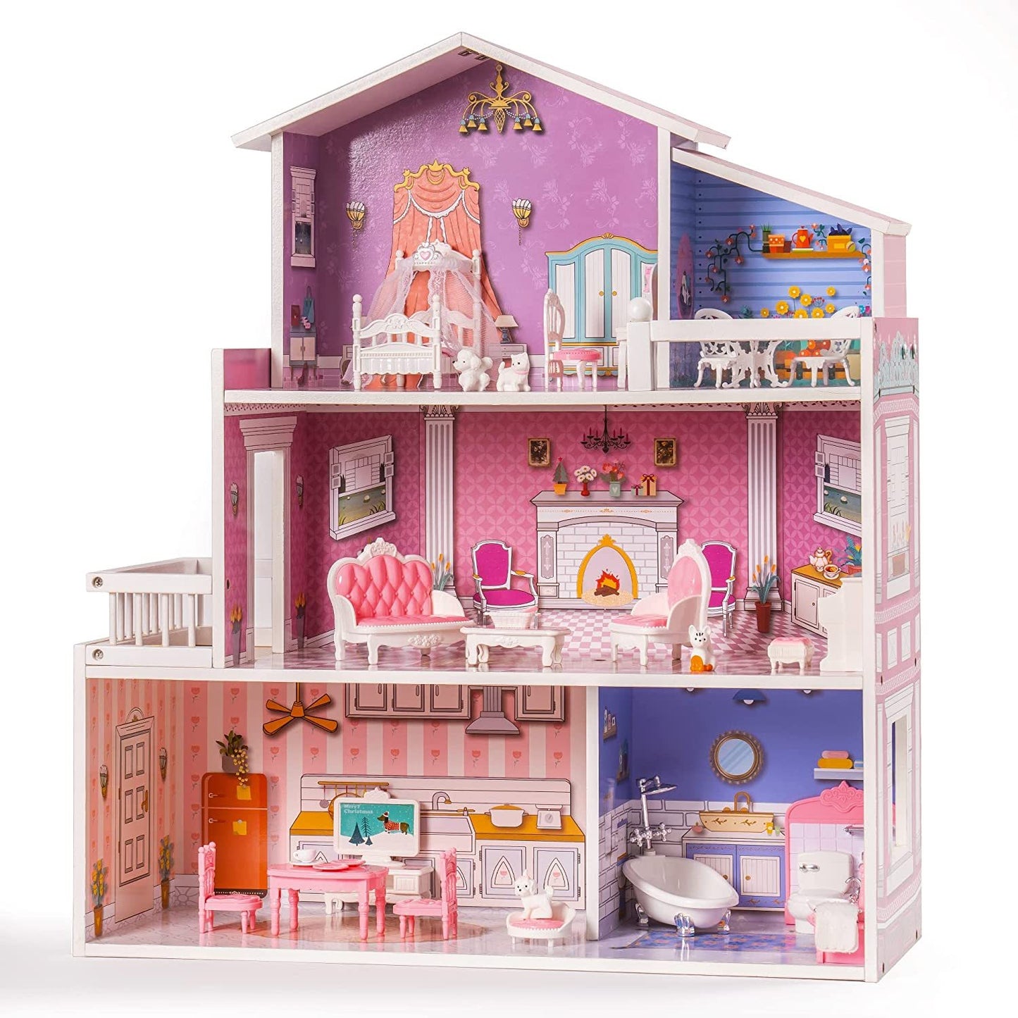 ROBOTIME 3 Levels Wooden Dollhouse  Furniture Dreamhouse Girls Mansion Gift