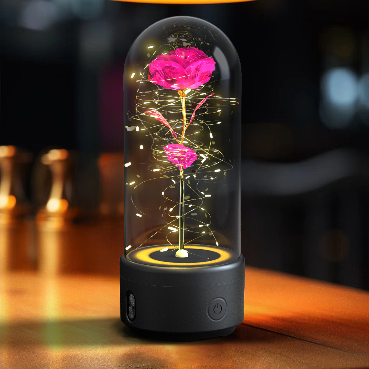 Creative 2 In 1 Rose Flowers LED Light and Bluetooth-compatible Speaker Valentine's Day Gift Rose Luminous Night Light Ornament in Glass Cover