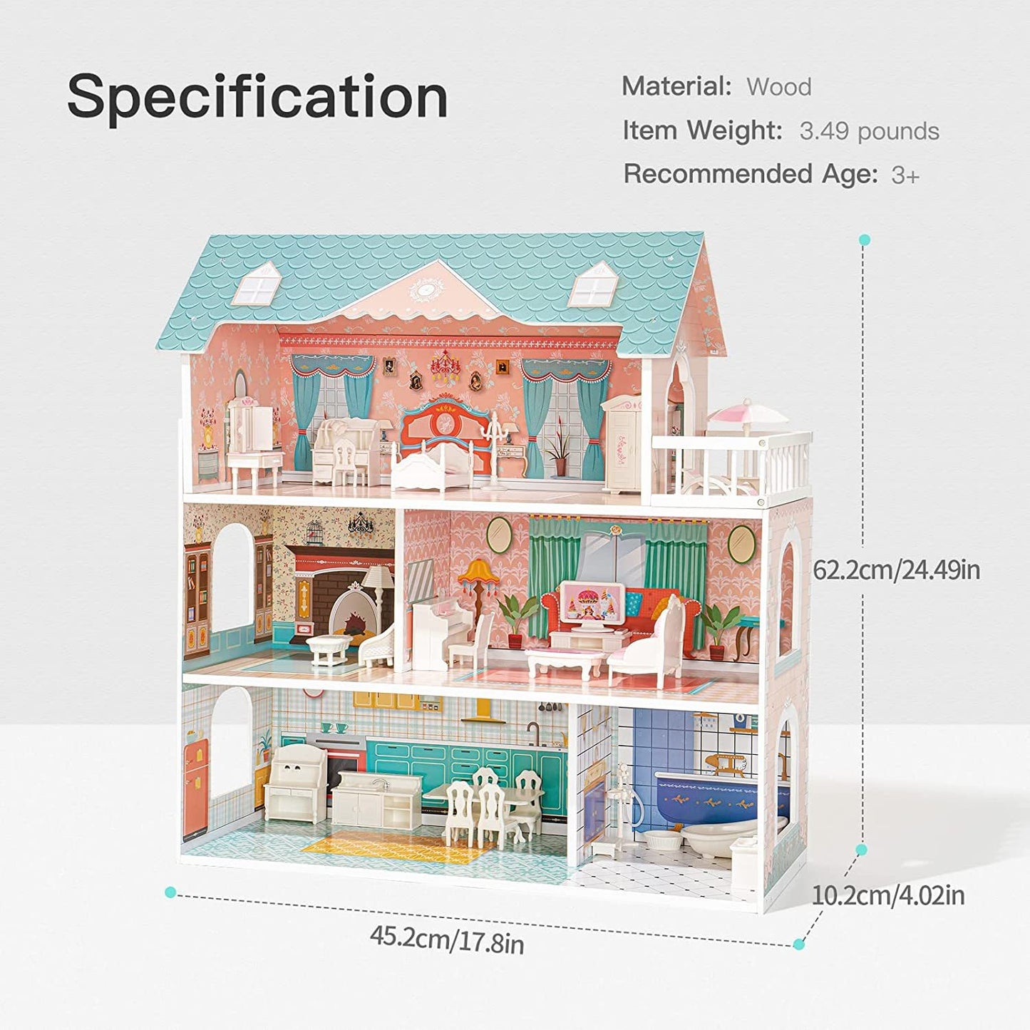 Robud Wooden Dollhouse for Kids: A Perfect Girls' Toy Gift for 3-Year-Olds with 28 Pieces of Furniture