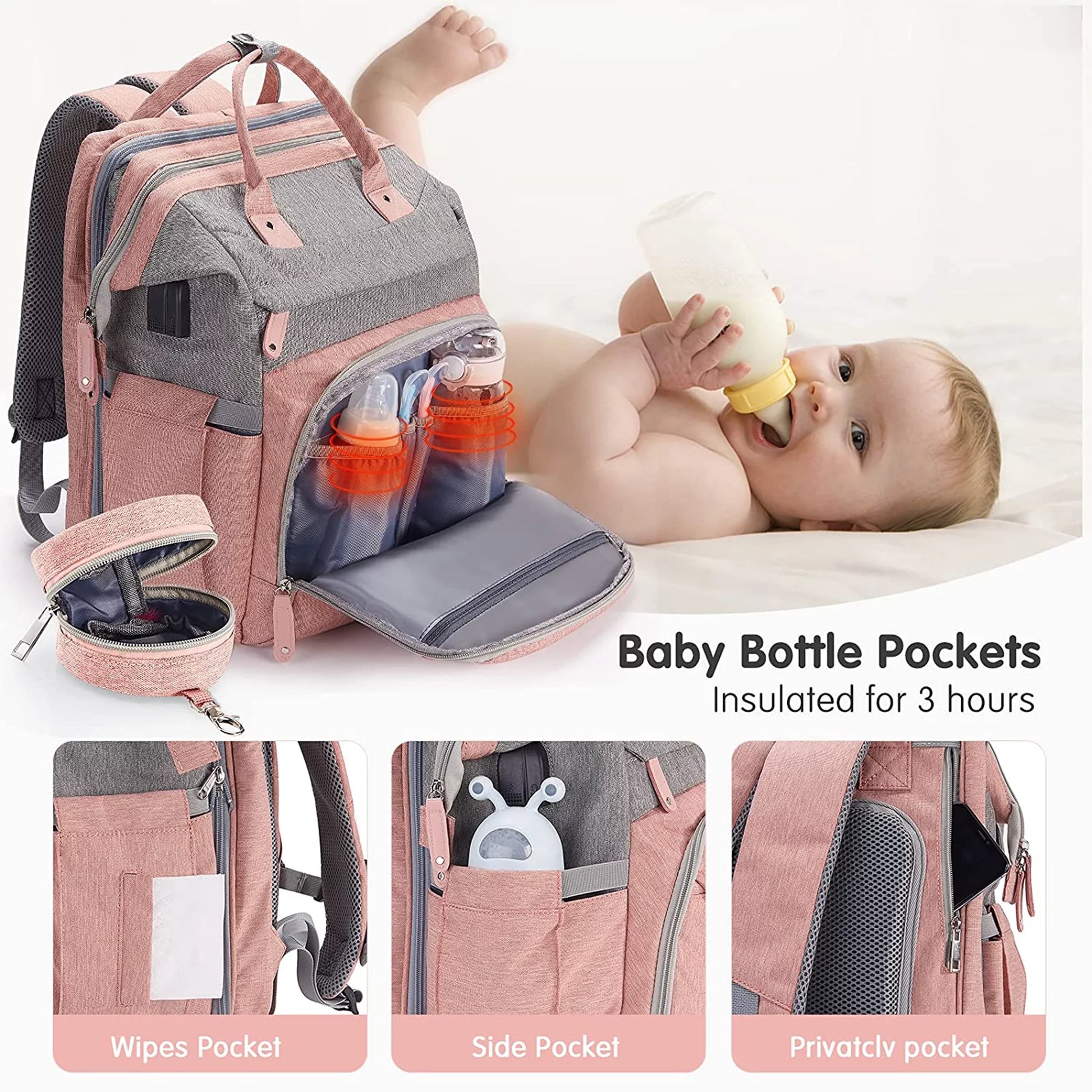 Baby Bag Backpack, Diaper Changing Station,Waterproof Changing Pad, USB Charging Port, Pacifier Case,Army Green Color