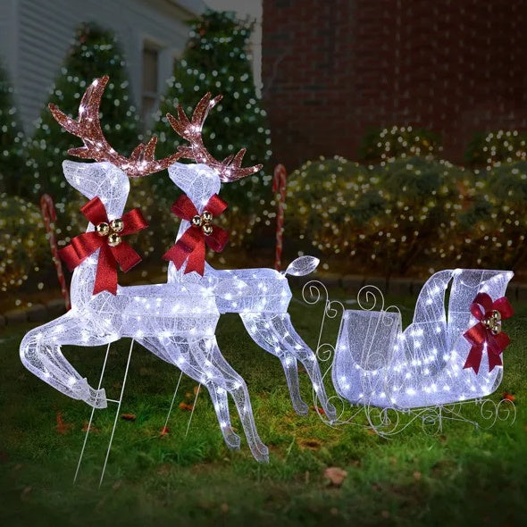 3-Piece Lighted Set Of 2 Reindeer & Sleigh, Weatherproof Christmas Outdoor Decorations with Pre-lit 270 LED White Lights and Stakes for Xmas Outdoor Holiday Indoor Decor Lighted Holiday Displays, Whi