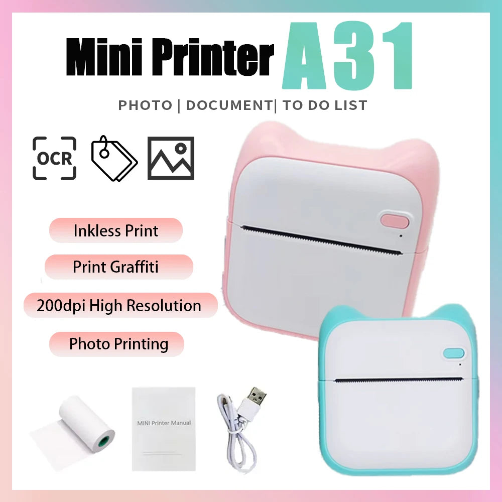 Mini Printer Bluetooth Pocket Thermal Printer Inkless Study Notes Self-Adhesive Label Wireless Photo Printer