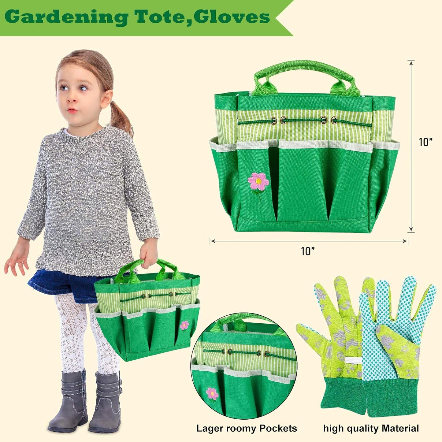 Kids Gardening Tools, Garden Tool Set for Kids with Gardening Guide Book, Watering Can, Gloves, Shovel, Rake, Trowel, Kids Smock and Hat, All in One Gardening Tote (Multicolored)