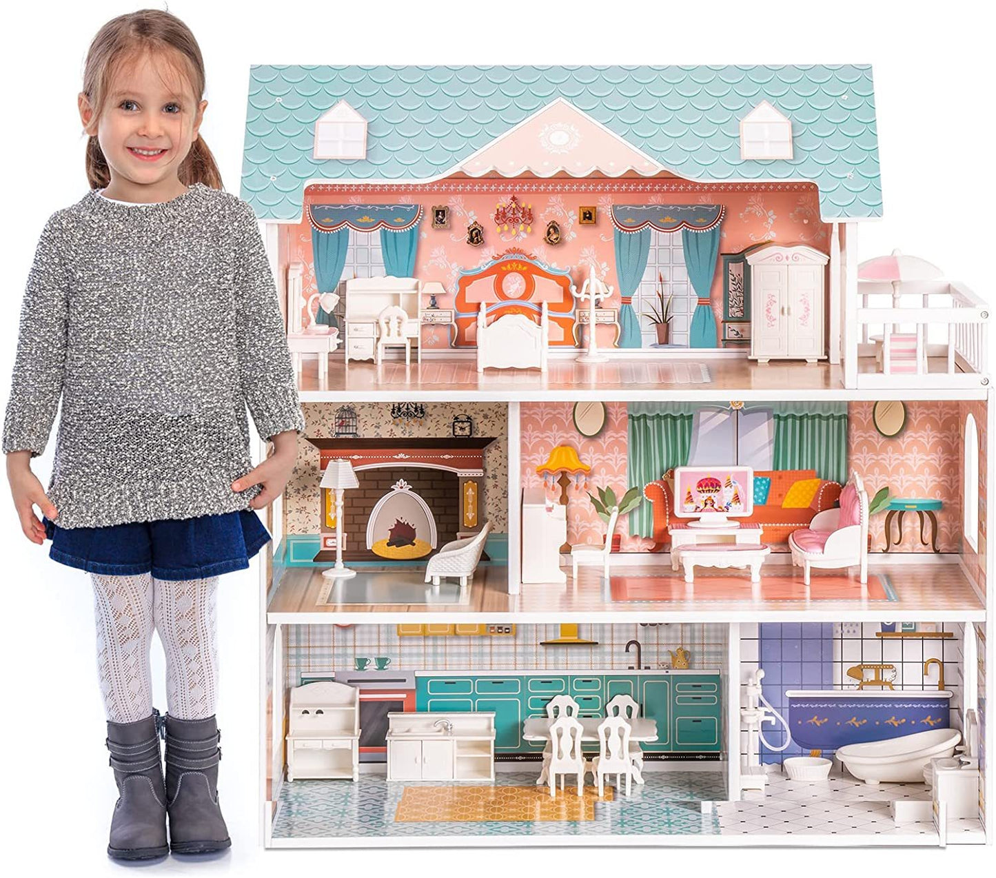 Robud Wooden Dollhouse for Kids: A Perfect Girls' Toy Gift for 3-Year-Olds with 28 Pieces of Furniture