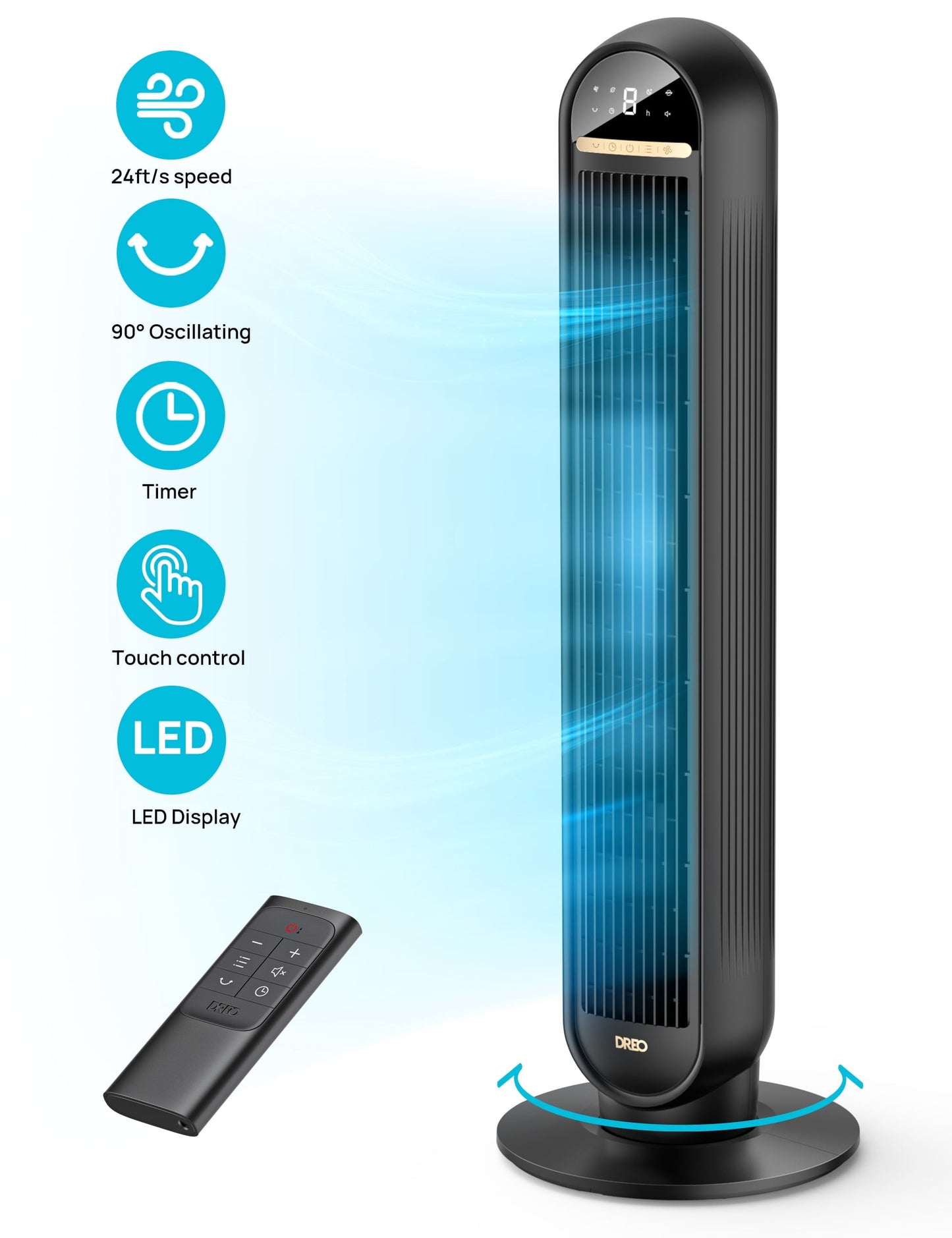 Tower Fans for Home, 36" Standing Floor Fan with Remote, 90° Oscillating Fan, 24 Ft/S High Velocity, LED Display, 4 Speeds, 4 Modes, 8H Timer, Quiet Bedroom Fan