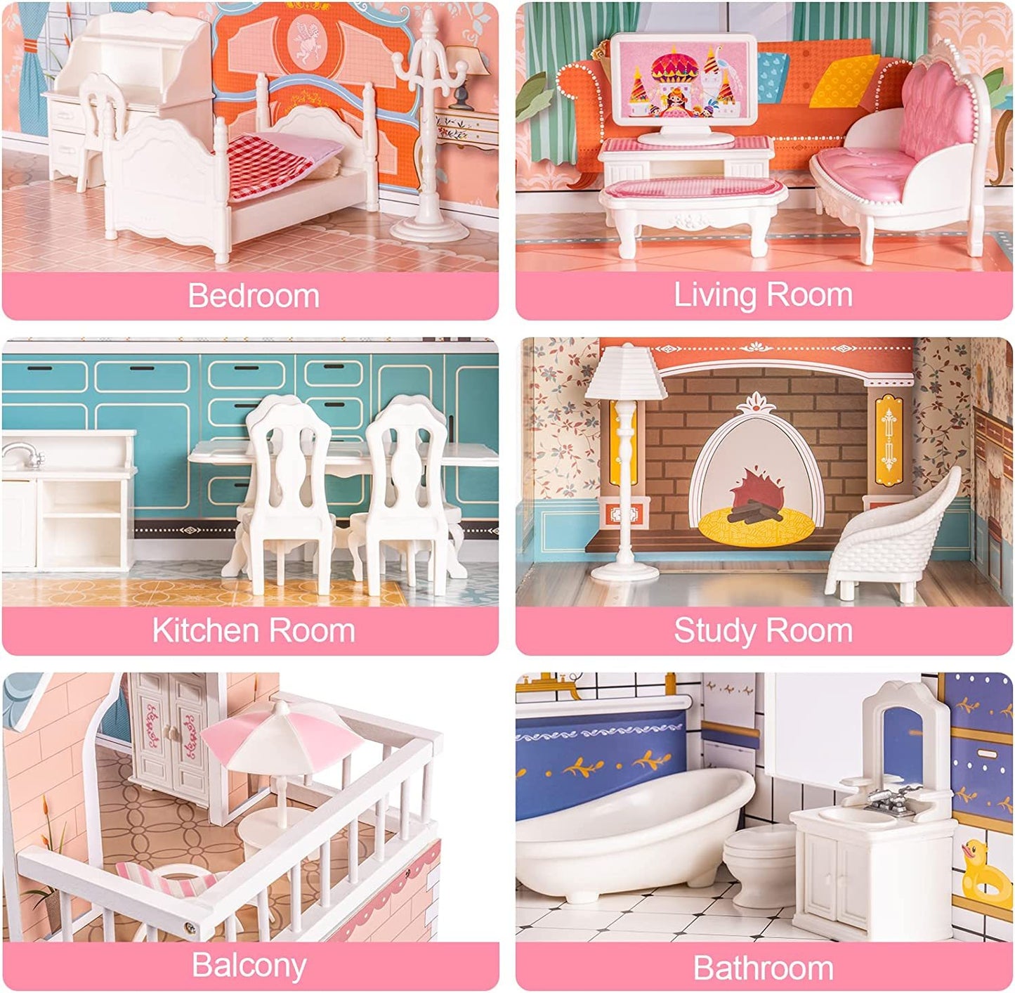 Robud Wooden Dollhouse for Kids: A Perfect Girls' Toy Gift for 3-Year-Olds with 28 Pieces of Furniture