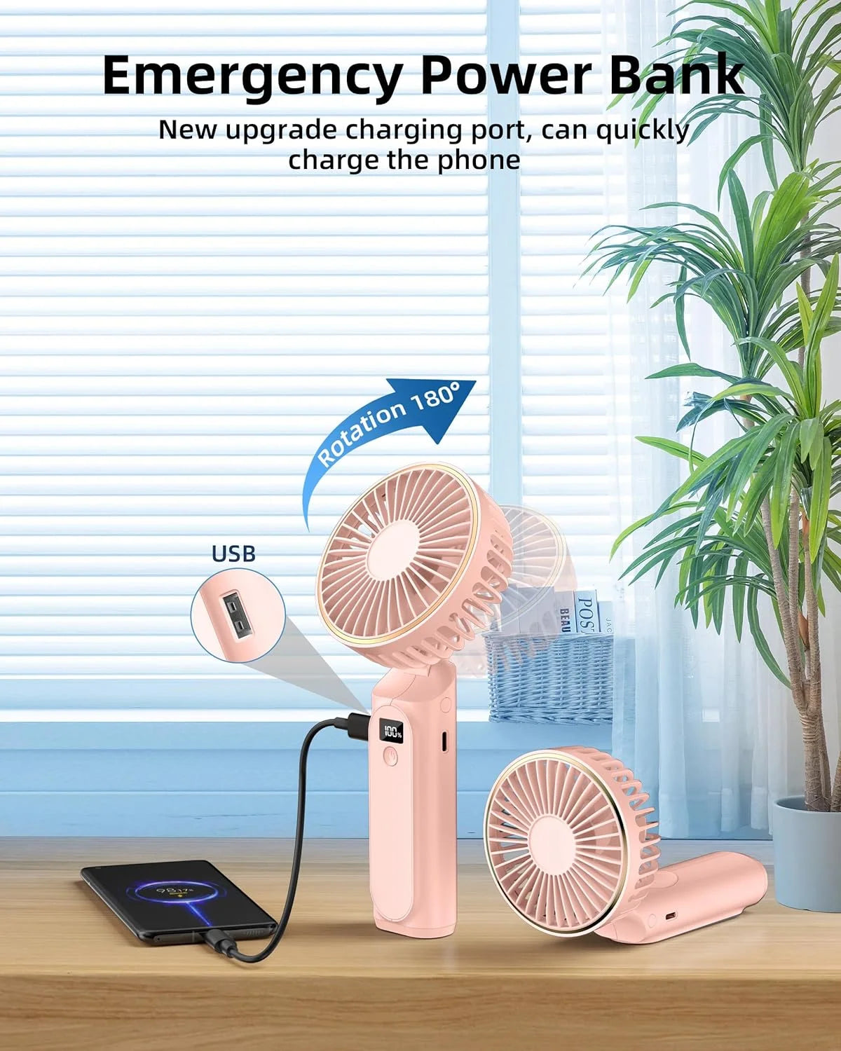 Portable Handheld Mini Fan,Neck Fan,4000Mah Desk Fan,180°Adjustable,6 Speed Wind, Display Electricity in Real Time,Usb Rechargeable Foldable Fan,Quiet Personal Fan with Power Bank -Light Blue