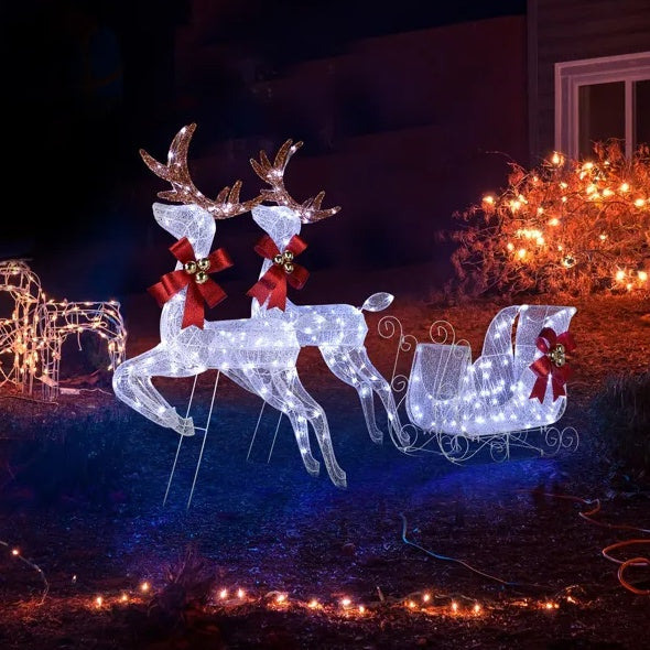 3-Piece Lighted Set Of 2 Reindeer & Sleigh, Weatherproof Christmas Outdoor Decorations with Pre-lit 270 LED White Lights and Stakes for Xmas Outdoor Holiday Indoor Decor Lighted Holiday Displays, Whi