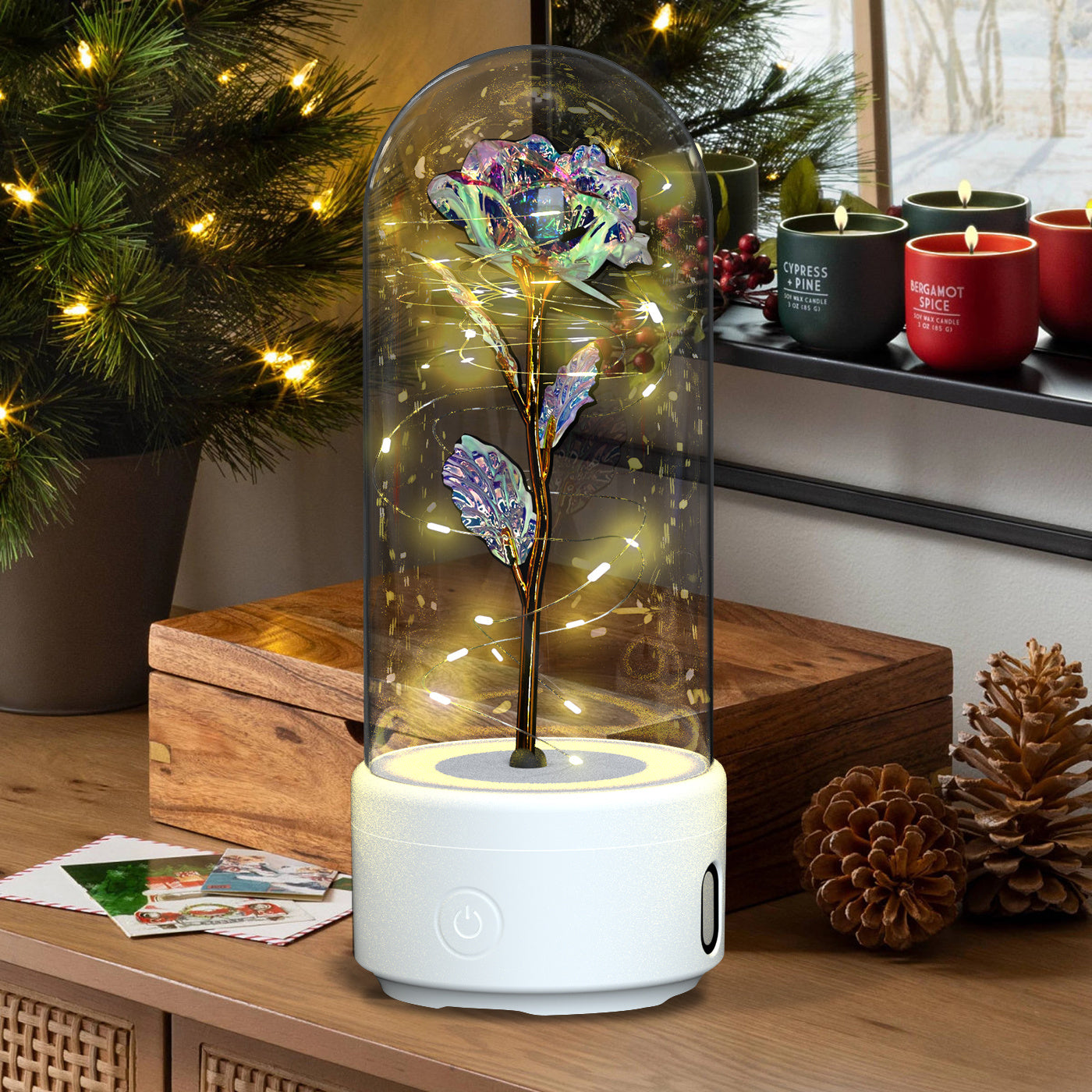 Creative 2 In 1 Rose Flowers LED Light and Bluetooth-compatible Speaker Valentine's Day Gift Rose Luminous Night Light Ornament in Glass Cover