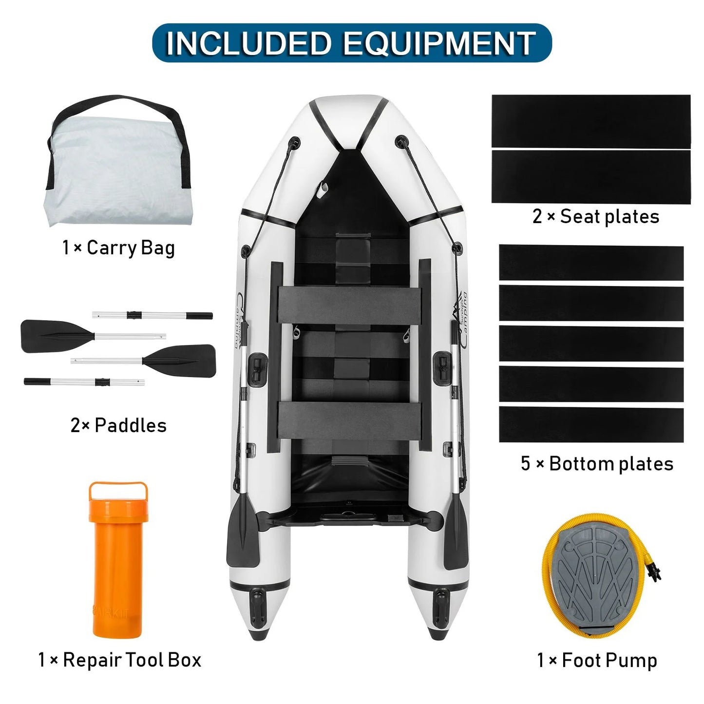 Campingsurvivals 10Ft Portable Inflatable Assault Boat,Fishing Boat Kit, Max Load 600 Lbs, Gray/White/Black