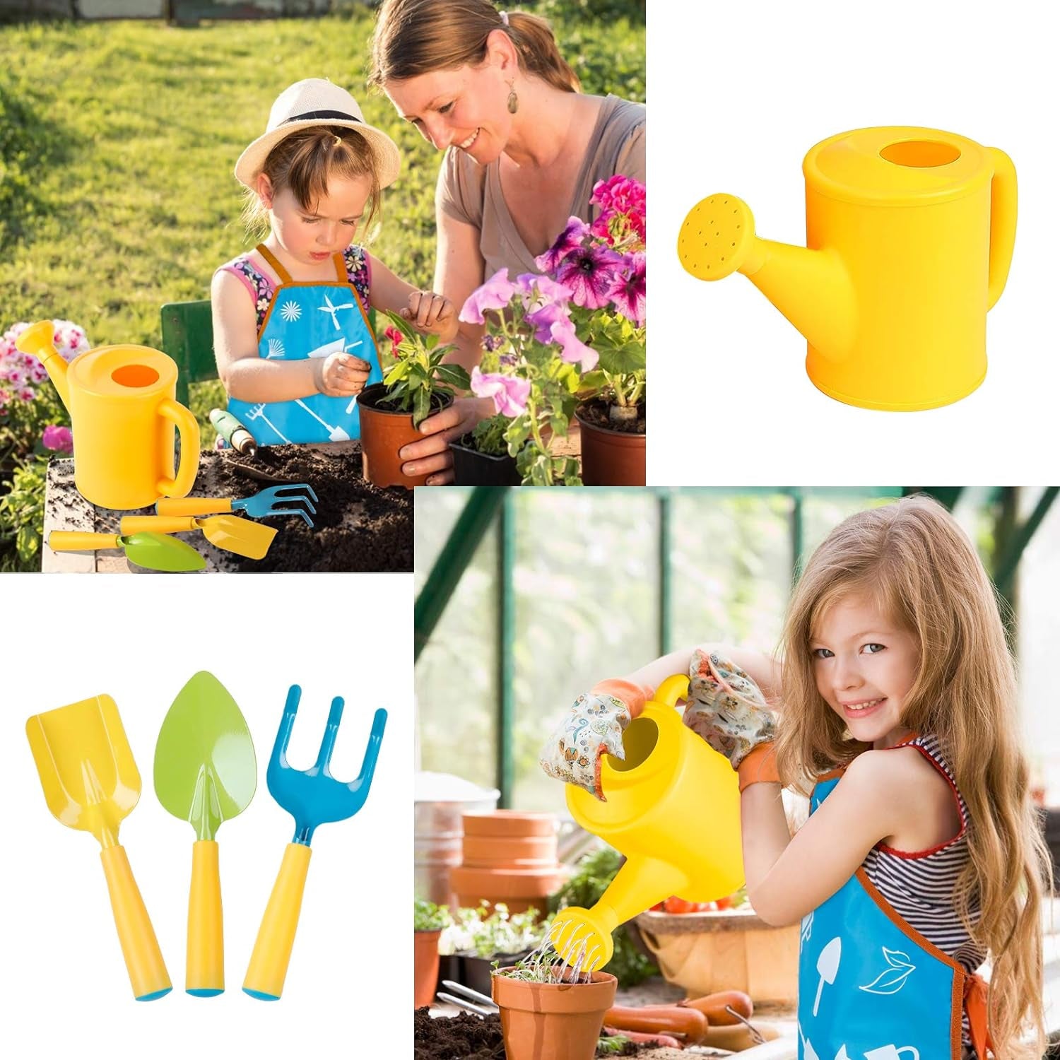 Kids Gardening Tools, Garden Tool Set for Kids with Gardening Guide Book, Watering Can, Gloves, Shovel, Rake, Trowel, Kids Smock and Hat, All in One Gardening Tote (Multicolored)