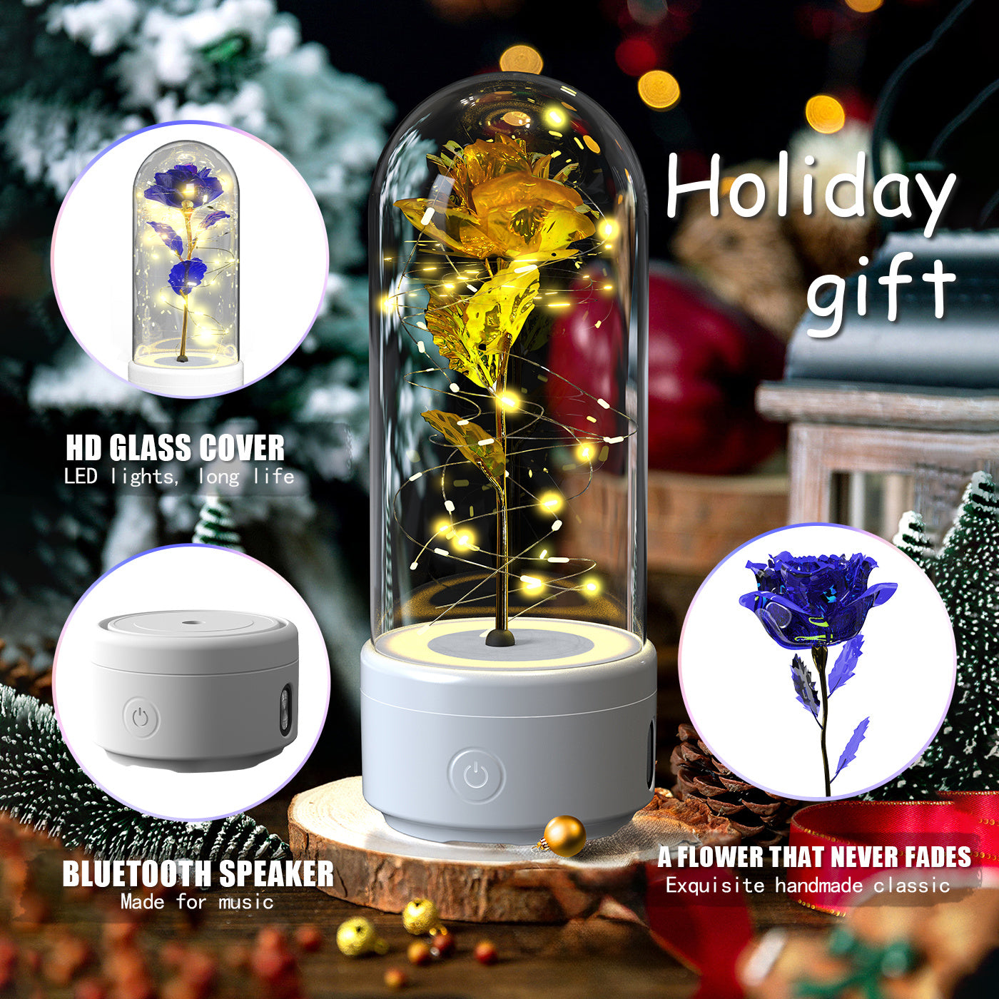 Creative 2 In 1 Rose Flowers LED Light and Bluetooth-compatible Speaker Valentine's Day Gift Rose Luminous Night Light Ornament in Glass Cover