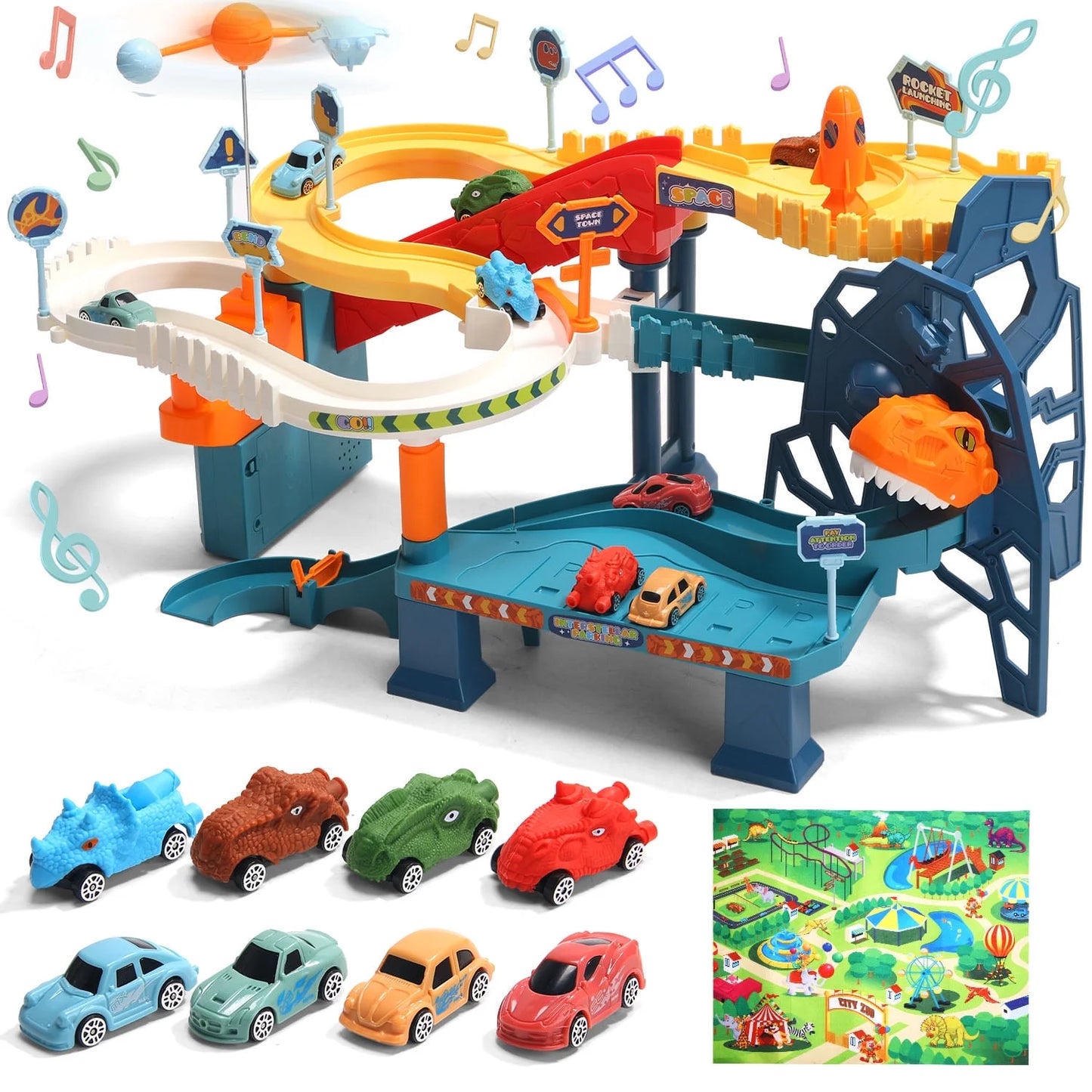 Dinosaur Race Track Playset for Kids Boys, Race Car Track Toys with 4 Mini Cars & 4 Dino, Adventure Toy Vehicle Playset for 3-5 Years Old, Blue