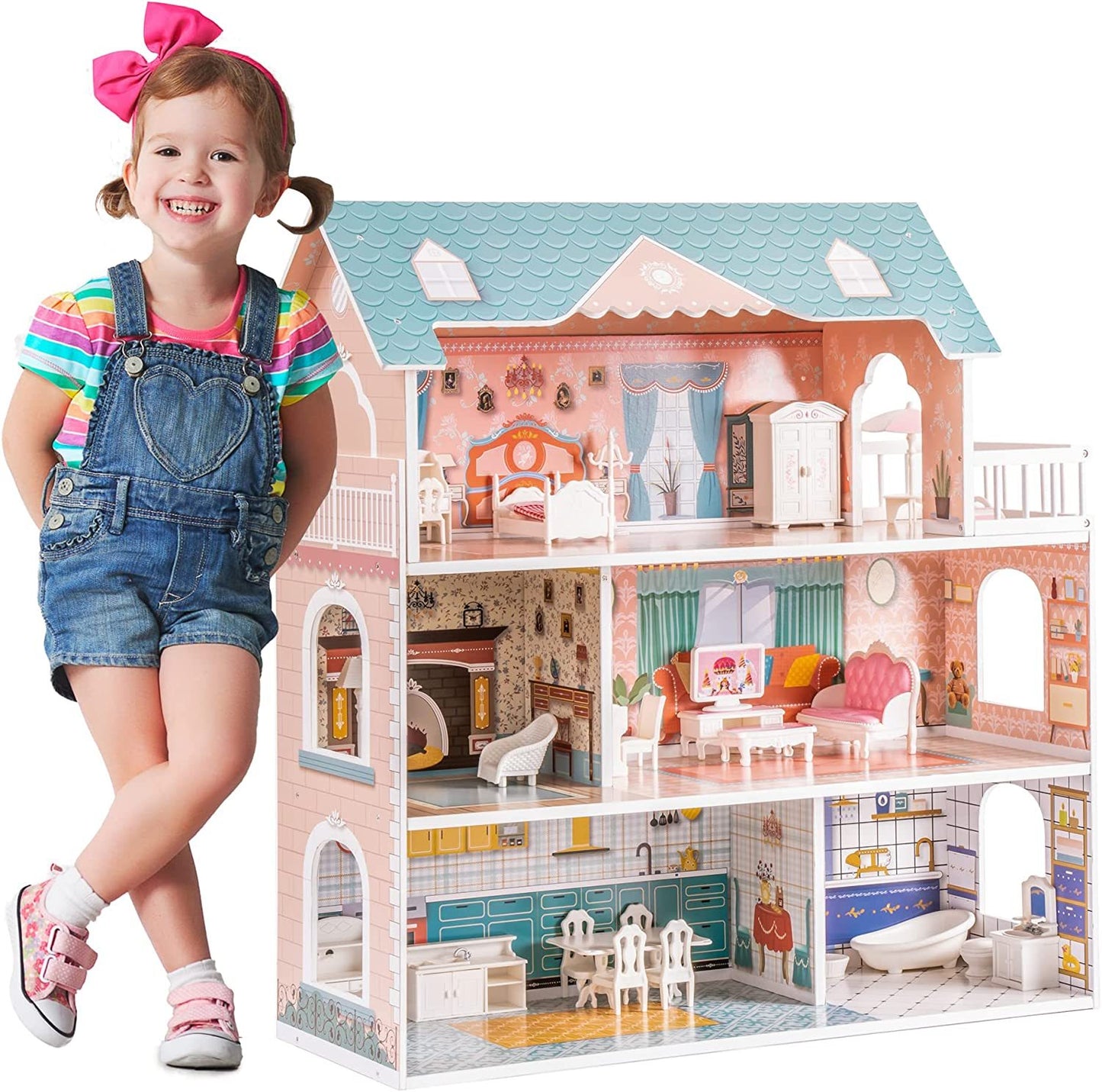 Robud Wooden Dollhouse for Kids: A Perfect Girls' Toy Gift for 3-Year-Olds with 28 Pieces of Furniture