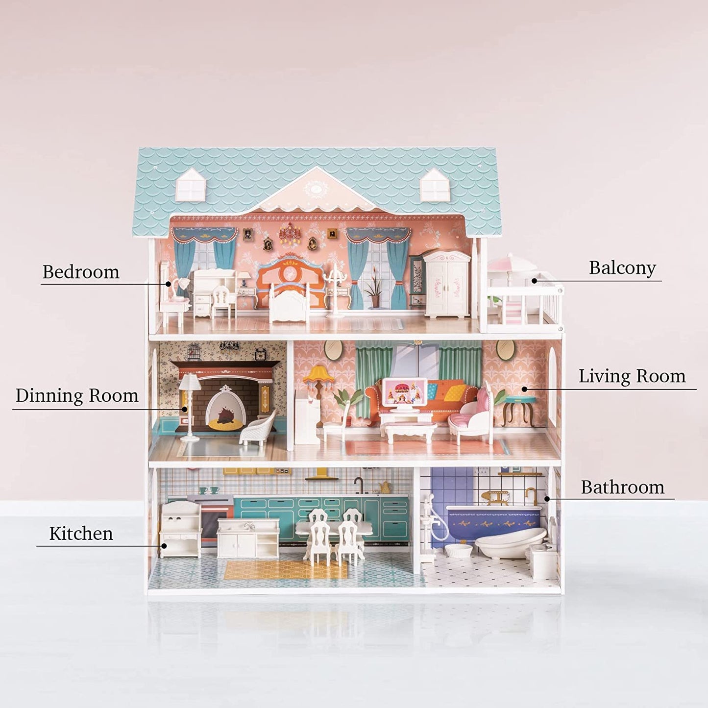 Robud Wooden Dollhouse for Kids: A Perfect Girls' Toy Gift for 3-Year-Olds with 28 Pieces of Furniture