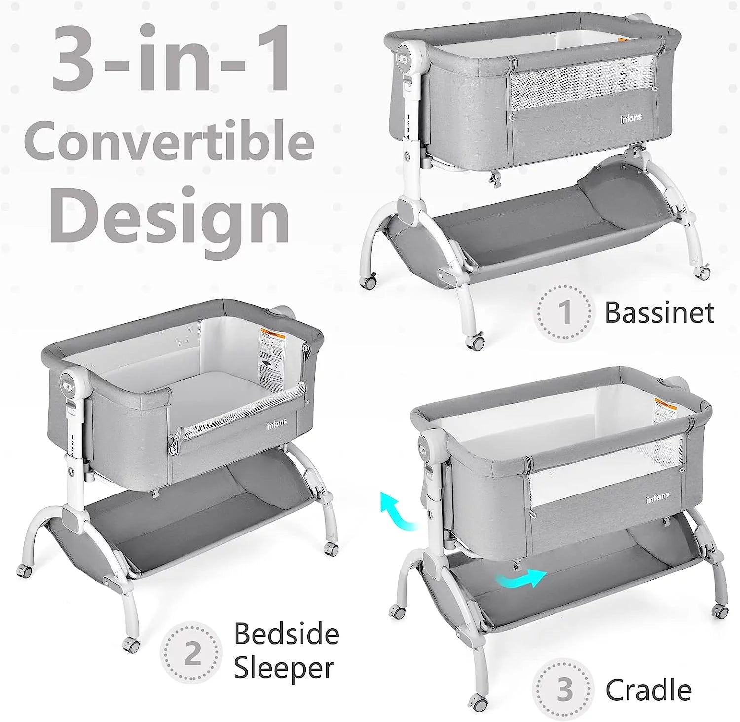 3 in 1 Baby Bassinet, Folding Bedside Sleeper Crib with Mattress Pad, Height Angle Adjustable, Portable Rocking Cradle with Wheels Storage Basket Travel Bag for Infant Newborn (Gray)