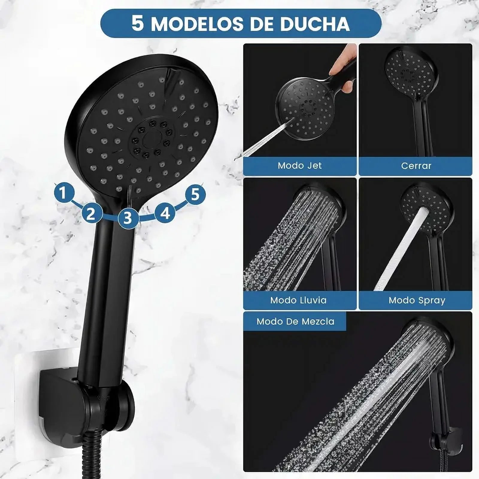 5-Setting High Pressure Shower Head 12 Inch Rain Shower Head with Handheld and Hose Silver