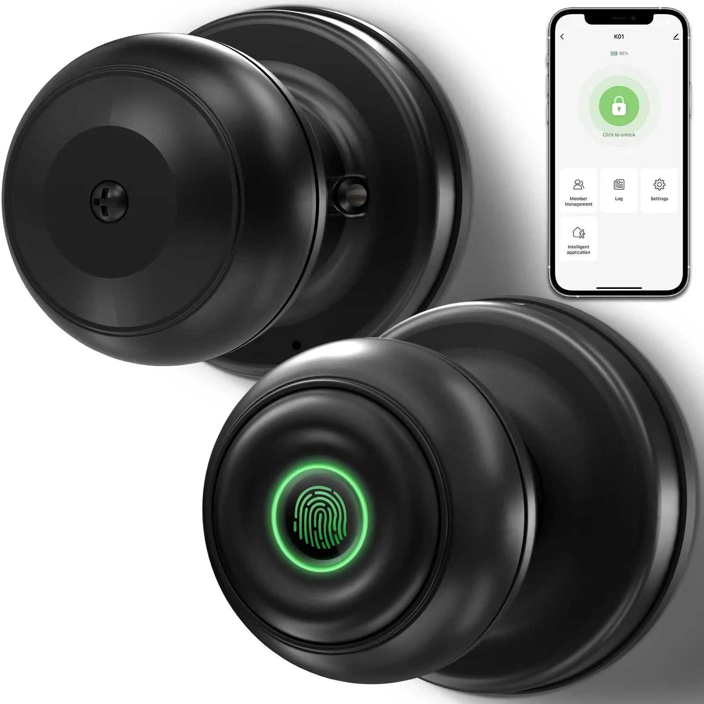 Smart Door Fingerprint Lock, Fingerprint Door Lock Smart Lock Biometric Door Lock Fingerprint Door Knob with App Control, Suitable for Bedrooms,Cloakroom,Apartments Offices,Hotels, Black