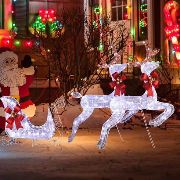 3-Piece Lighted Set Of 2 Reindeer & Sleigh, Weatherproof Christmas Outdoor Decorations with Pre-lit 270 LED White Lights and Stakes for Xmas Outdoor Holiday Indoor Decor Lighted Holiday Displays, Whi