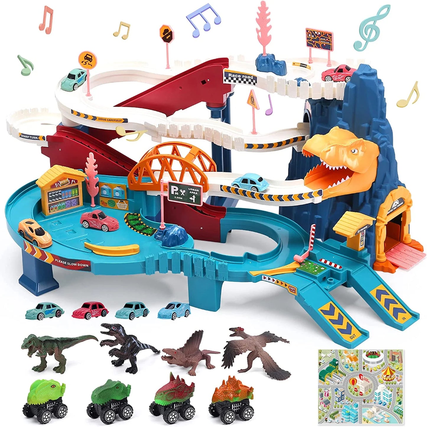 Dinosaur Race Track Playset for Kids Boys, Race Car Track Toys with 4 Mini Cars & 4 Dino, Adventure Toy Vehicle Playset for 3-5 Years Old, Blue