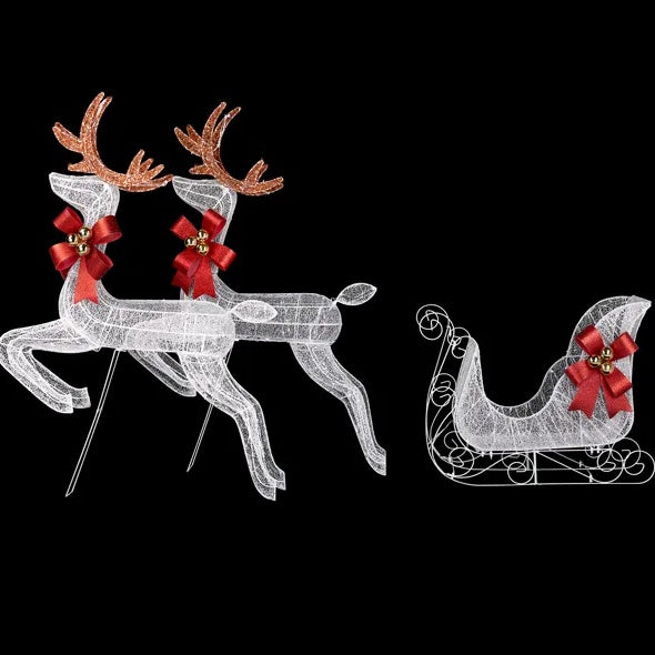 3-Piece Lighted Set Of 2 Reindeer & Sleigh, Weatherproof Christmas Outdoor Decorations with Pre-lit 270 LED White Lights and Stakes for Xmas Outdoor Holiday Indoor Decor Lighted Holiday Displays, Whi