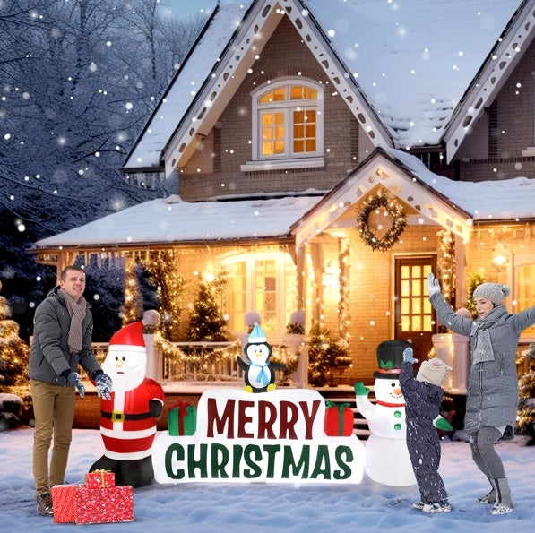 Inflatable Santa Claus And Snowman Holding Merry Christmas Sign